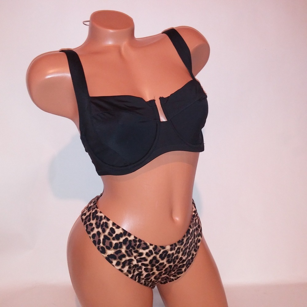 Victoria Secret Swim Bikini 36DD Top XL Bottom Black Tan Leopard Wicked Brazilia